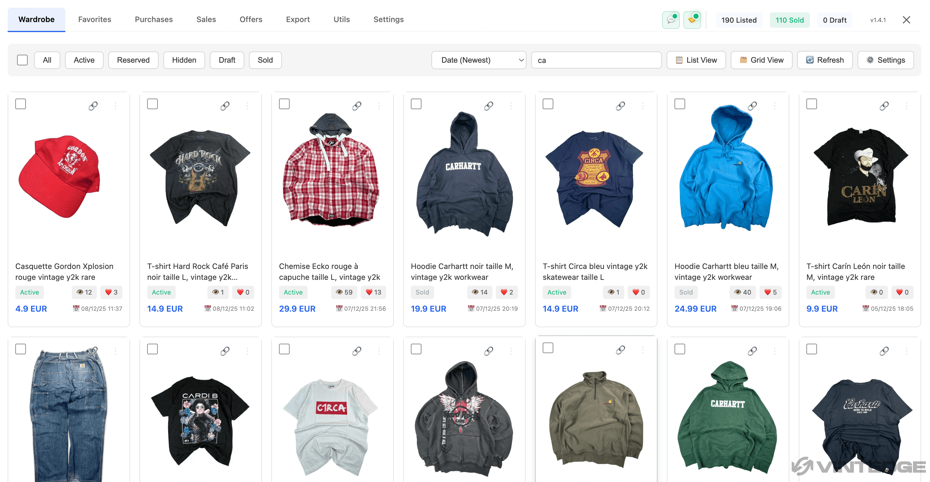 Interface de l'extension Vintedge